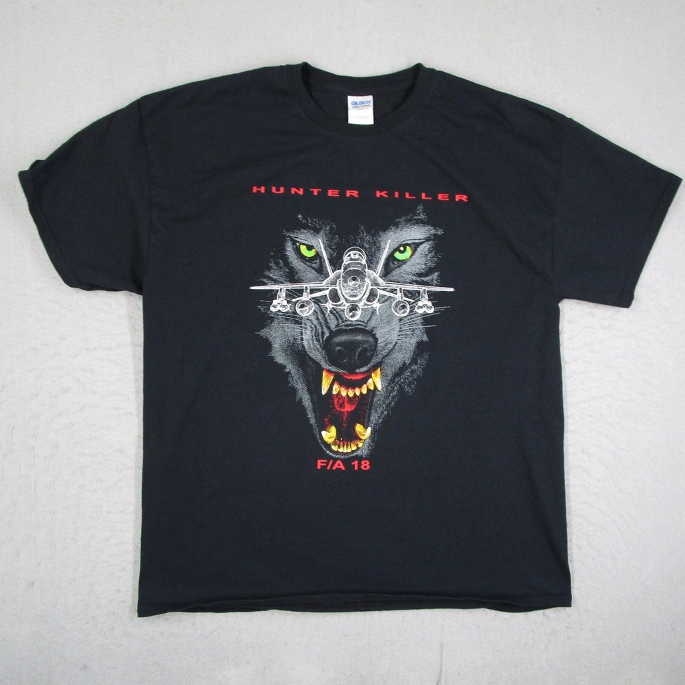Gildan Mens XL Black Hunter Killer Wolf FA-18 Super Hornet Jet Graphic T-Shirt